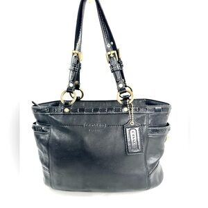 Coach Gallery 11229 Black Leather Carryall Shoulder Bag Brass Laced Turn Locks